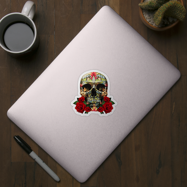 Colorful Day Of The Dead Sugar Skull Red Roses by Atteestude